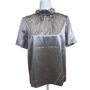 COS Short-Sleeve Satin Top Ruffle-Neck Metallic Beige Gold High-Neck EUR 36 / US